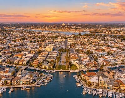 The Naples canals in Long Beach with footbridges and waterfront homes